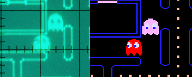 Comparison of pacman ghosts on the oscilloscope and in the pixel-perfect prototype