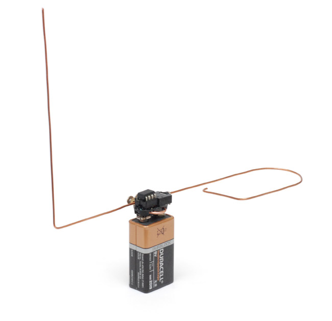 Tiny theremin with bent copper wires and a 9V battery