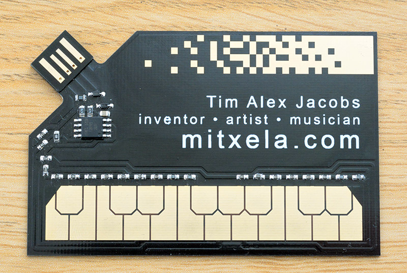 The stylocard. Reads: Tim Alex Jacobs - inventor, artist, musician - mitxela.com