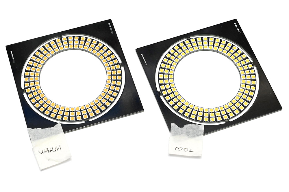 Two PCBs, labelled Warm and Cool