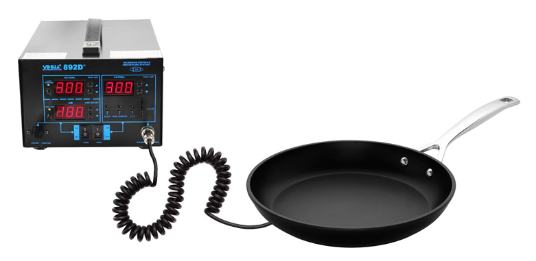 Illustration, a frying pan wired up to a soldering station