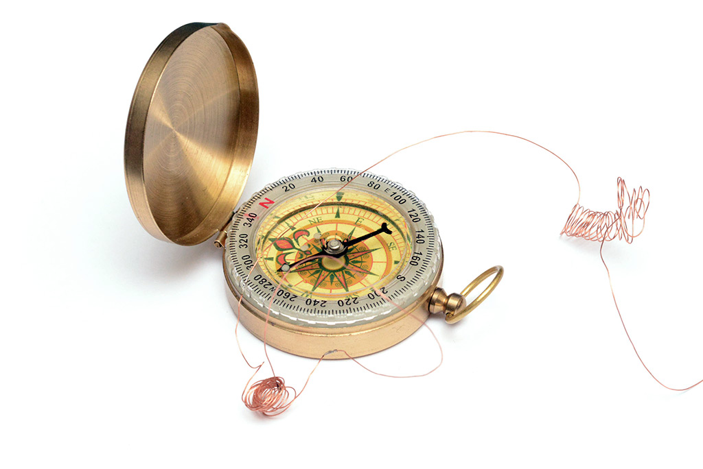 A compass and a coil of wire