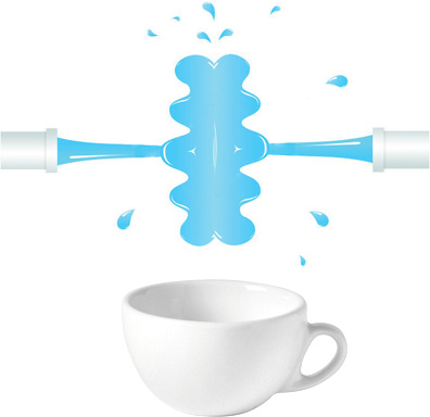Illustration of two streams of water colliding above a teacup