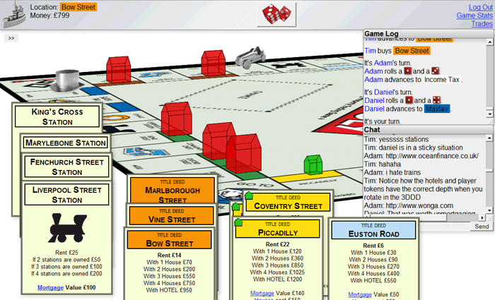 Monopoly screenshot with wireframe hotels and plenty of property cards