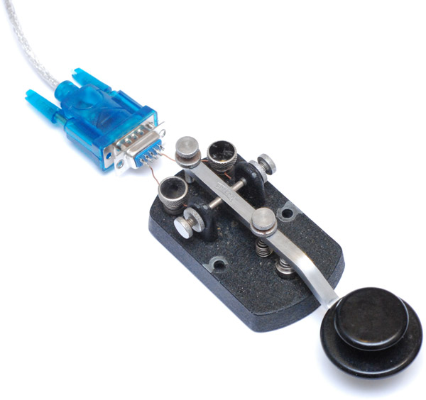 A morse code straight key, wired directly into a USB serial adapter