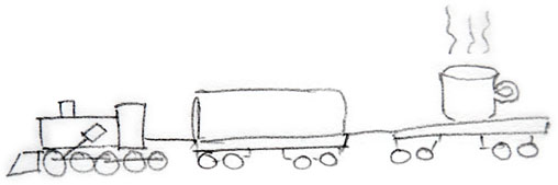 Pencil drawing of a train carrying a cup of tea