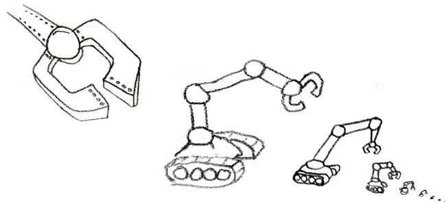 Illustration of robots building smaller robots ad infinitum