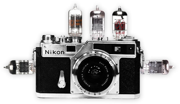 Illustration of the Valve Amp Camera, a Nikon SP with valves everywhere