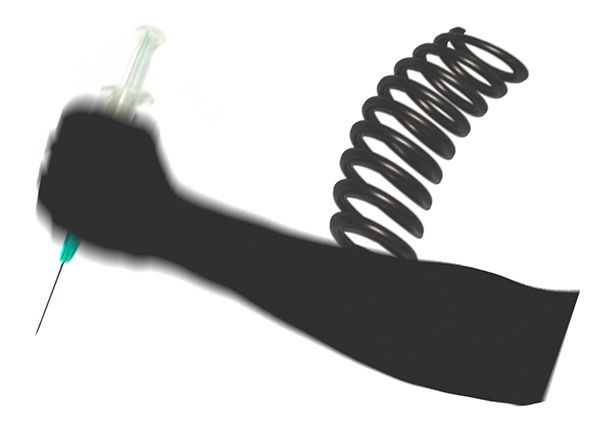 Illustration of a spring loaded arm holding a syringe