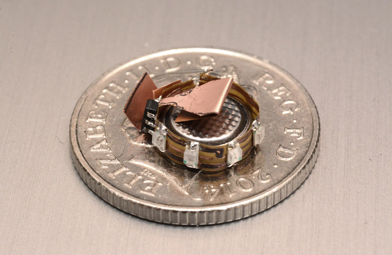 The charliestar circuit assembled, on a 10p coin for scale