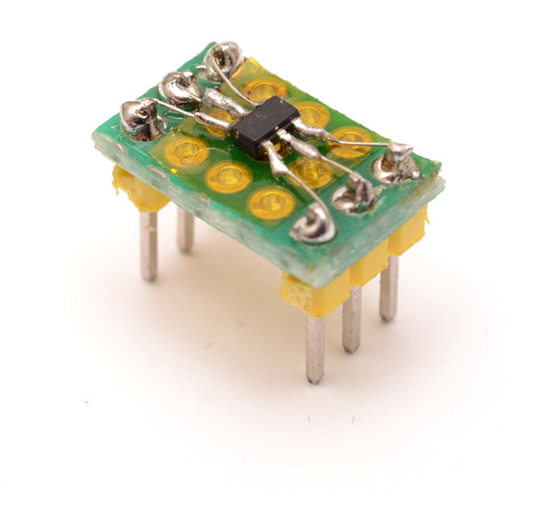 ATtiny chip soldered up to breadboardable format