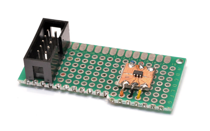 The ATtiny chip on the programming jig