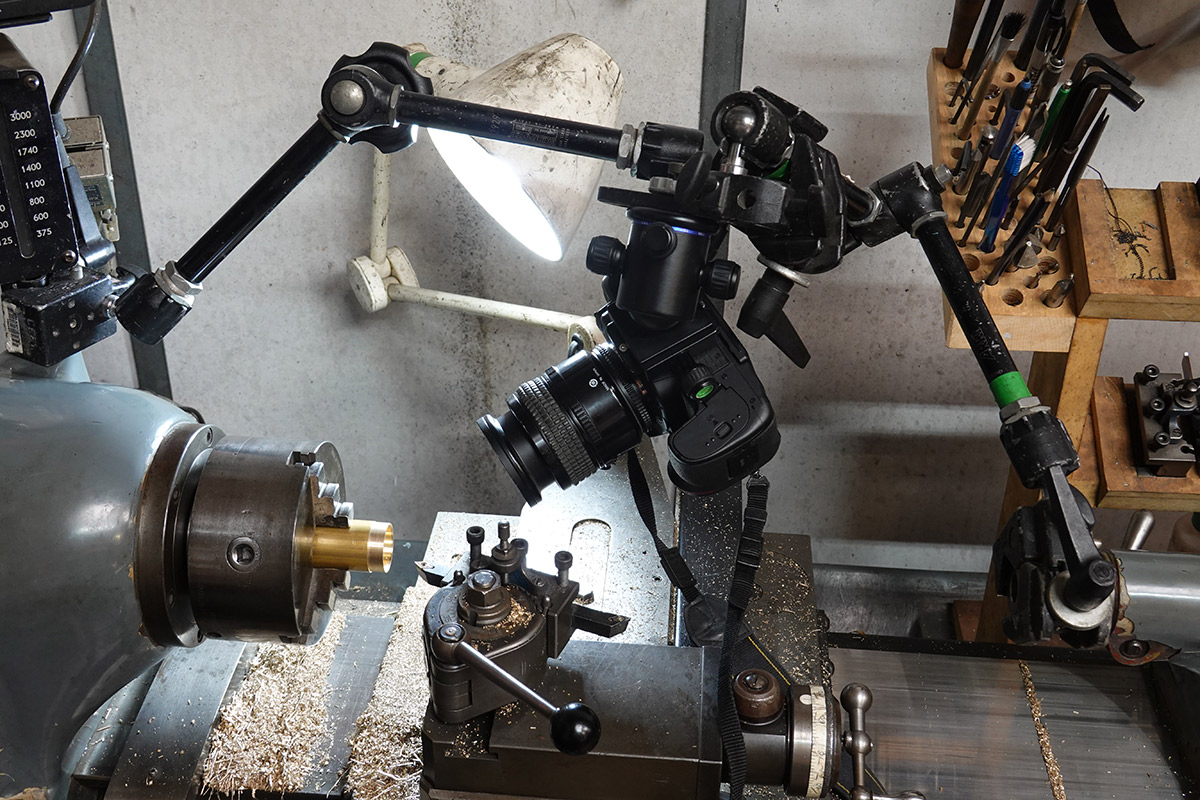 Camera mounted over lathe using two magic arms