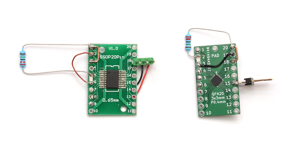 Both dev boards with SMD LEDs and 22M resistors