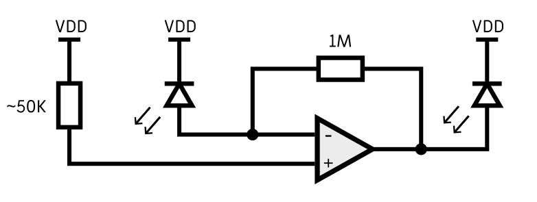 Schematic with LEDs at input and output of op-amp