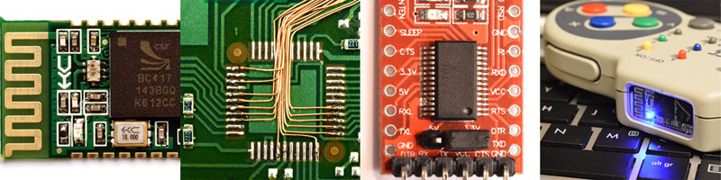 Header image with HC05, enamel wire soldering, FTDI board and the finished gamepad