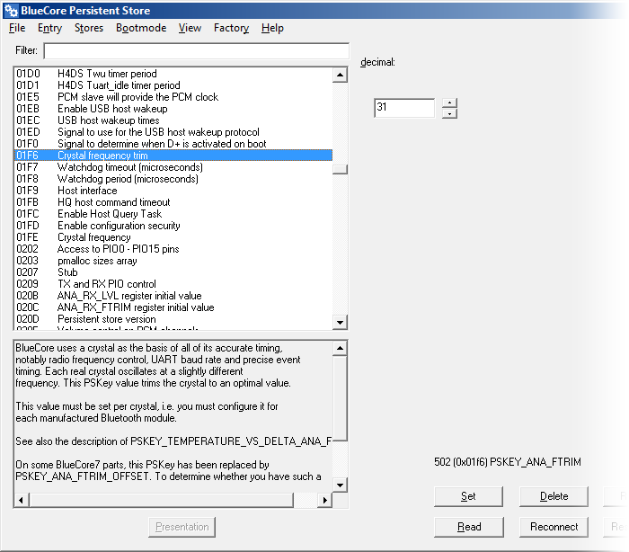 Screenshot of PStool looking at crystal frequency trim