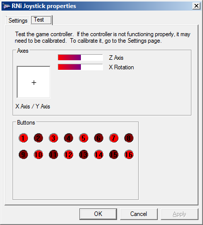 Screenshot of testing the joystick properties