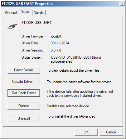 Screenshot of FT232R driver properties