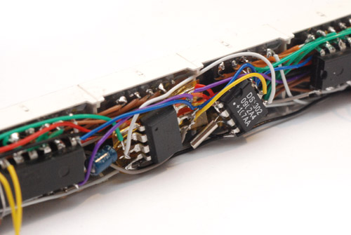 Closeup of the ATtiny chip and DS1302 with crystal