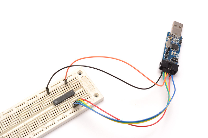ATtiny in breadboard with USBASP connected, ready to flash new firmware