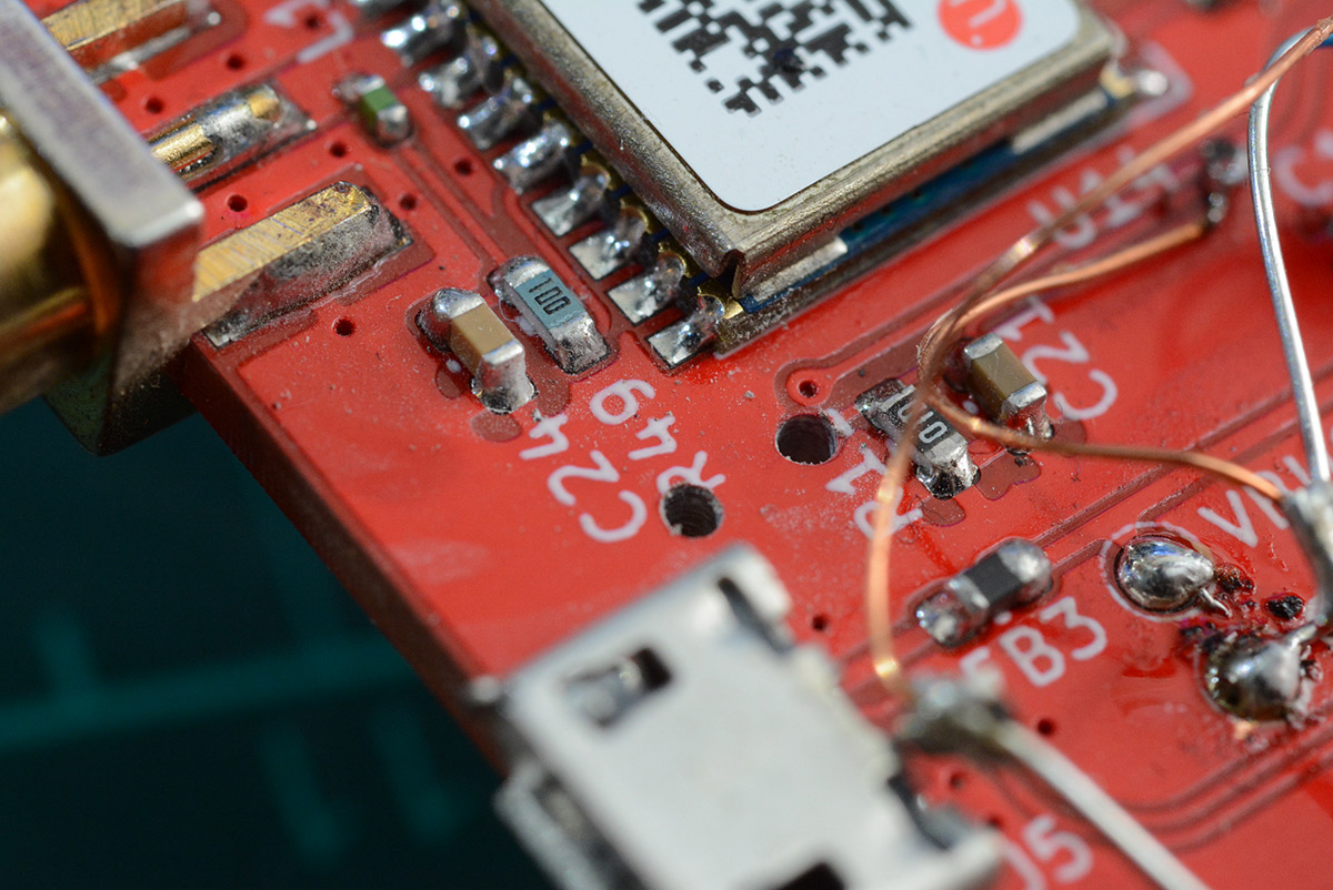 Closeup of drilled holes in PCB before I fitted the LDR