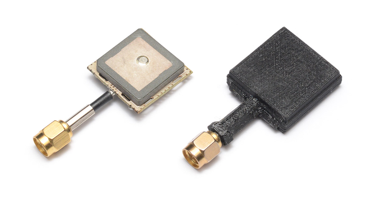 Two SMA patch antennas, one with a 3D printed case