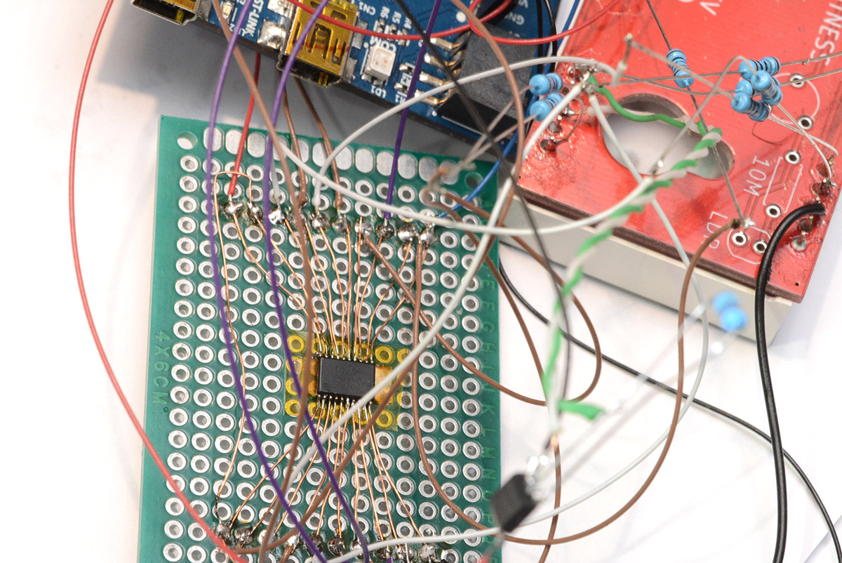 Closeup of soldering on buffer chip without breakout board