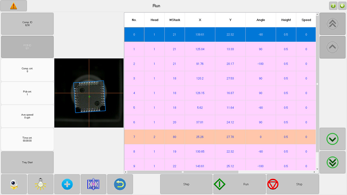 Screenshot from pick and place machine, with LQFP-48 part outlined, at an angle