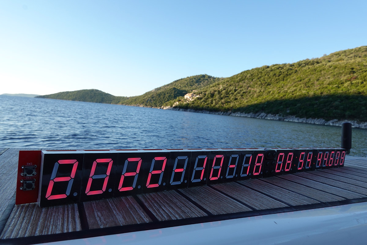 The clock on the transom of a boat with the sea and the island in the background
