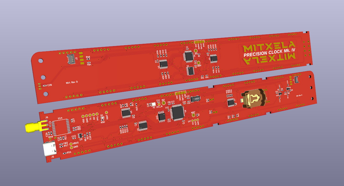 KiCad screenshot of surface-mount parts on the clock