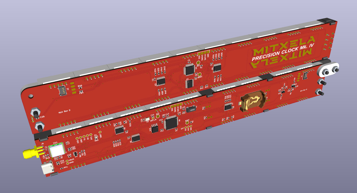 KiCad screenshot of back of clock with most parts modelled