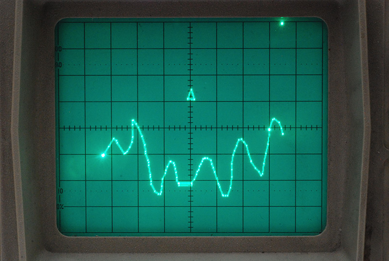 Oscilloscope screen with astrolander in progress