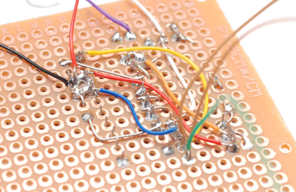 Closeup of soldering on protoboard