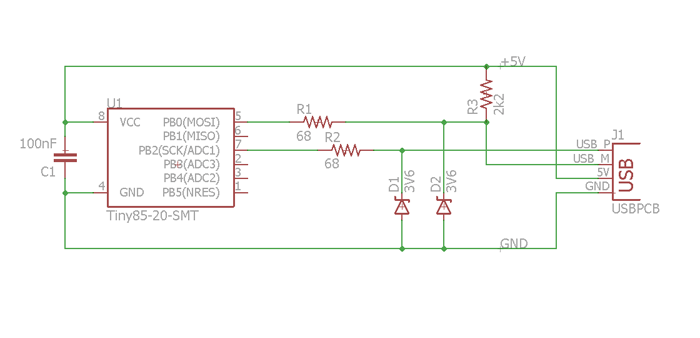 Eagle schematic of minimal ATtiny85 USB schematic