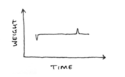 Graph of weight against time, a small loss of weight at the beginning, a small increase of weight at the end