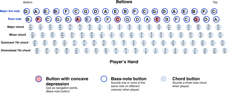 Buttons of the Stradella bass system