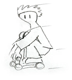 Drawing of a person on a tiny gokart