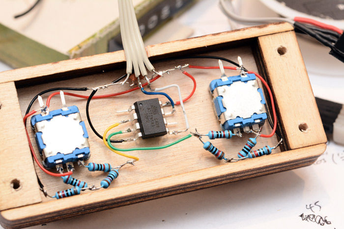 Inside of the mouse showing how the ATtiny and encoders are wired up