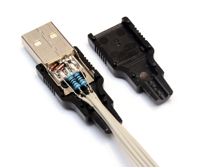 Inside of the USB port with the wires attached