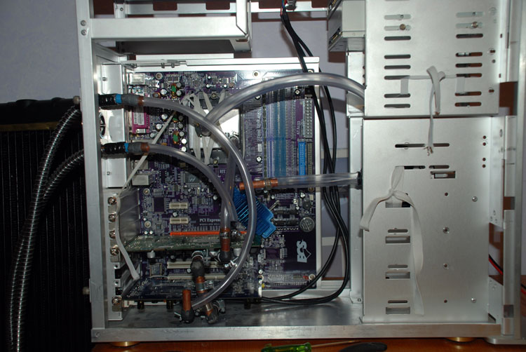 Inside the PC case, with tubing mostly connected