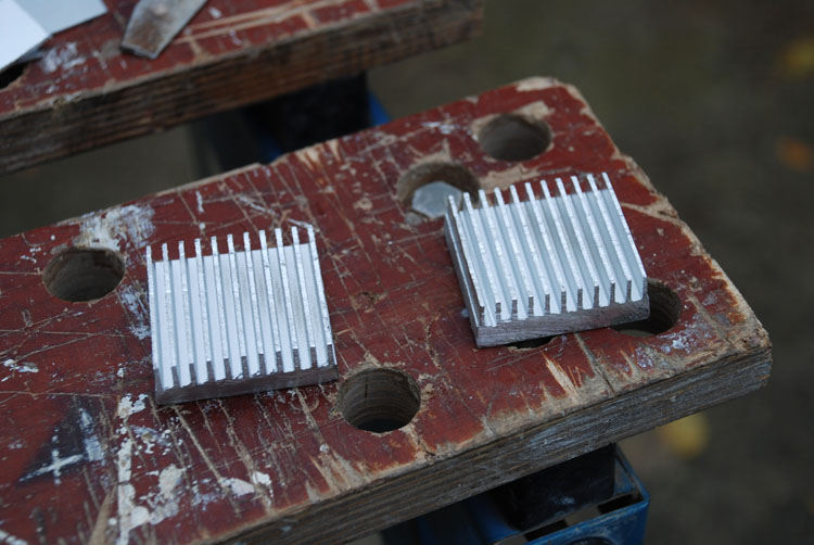 The aluminium heatsink cut up ready to become GPU waterblocks