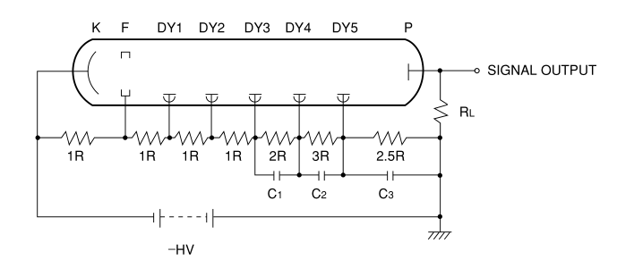 Hamamatsu diagram of capacitors over resistors on last dynodes
