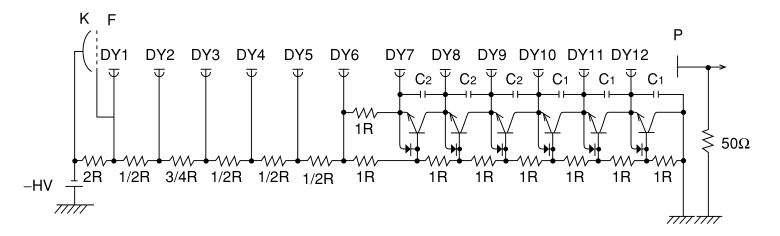 Hamamatsu diagram of photomultiplier tube schematic with transistors several of the final dynodes