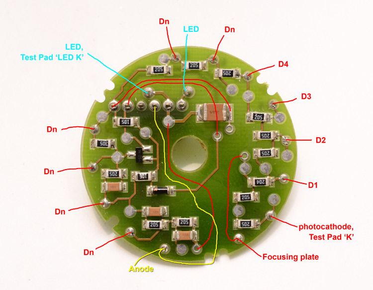 Circuit board with parts labelled and underside traces superimposed