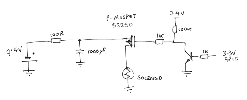 Schematic of how the mosfet was wired up to drive the shutter solenoid