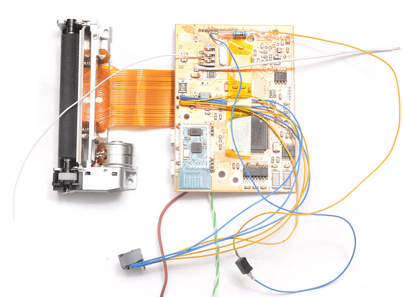 Printer circuit board with switches and barrel jack mounted on flying wires