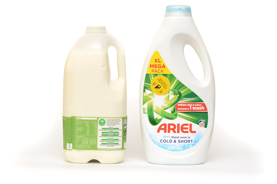 Milk bottle vs laundry detergent, showing handles