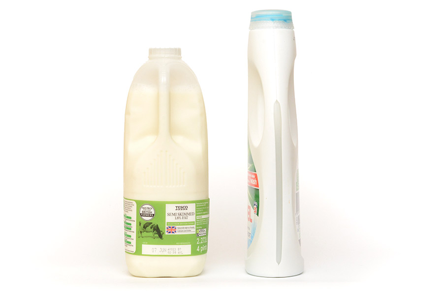 Milk bottle vs laundry detergent, edge-on