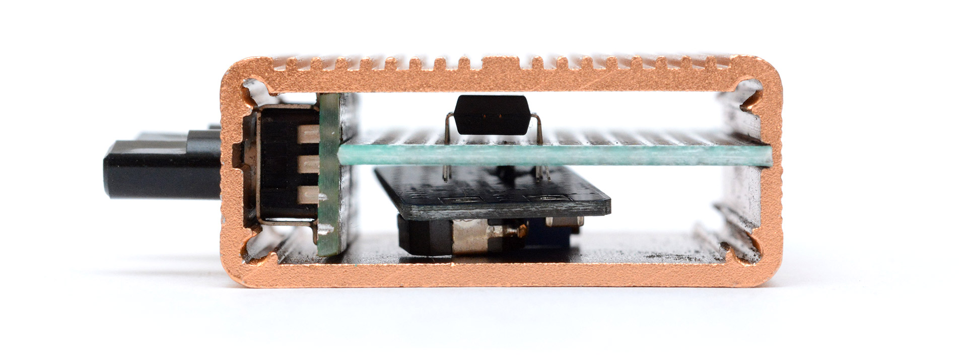 Test fit of the potentiometers, empty protoboard with DIP chip, and step-up module inside the enclosure